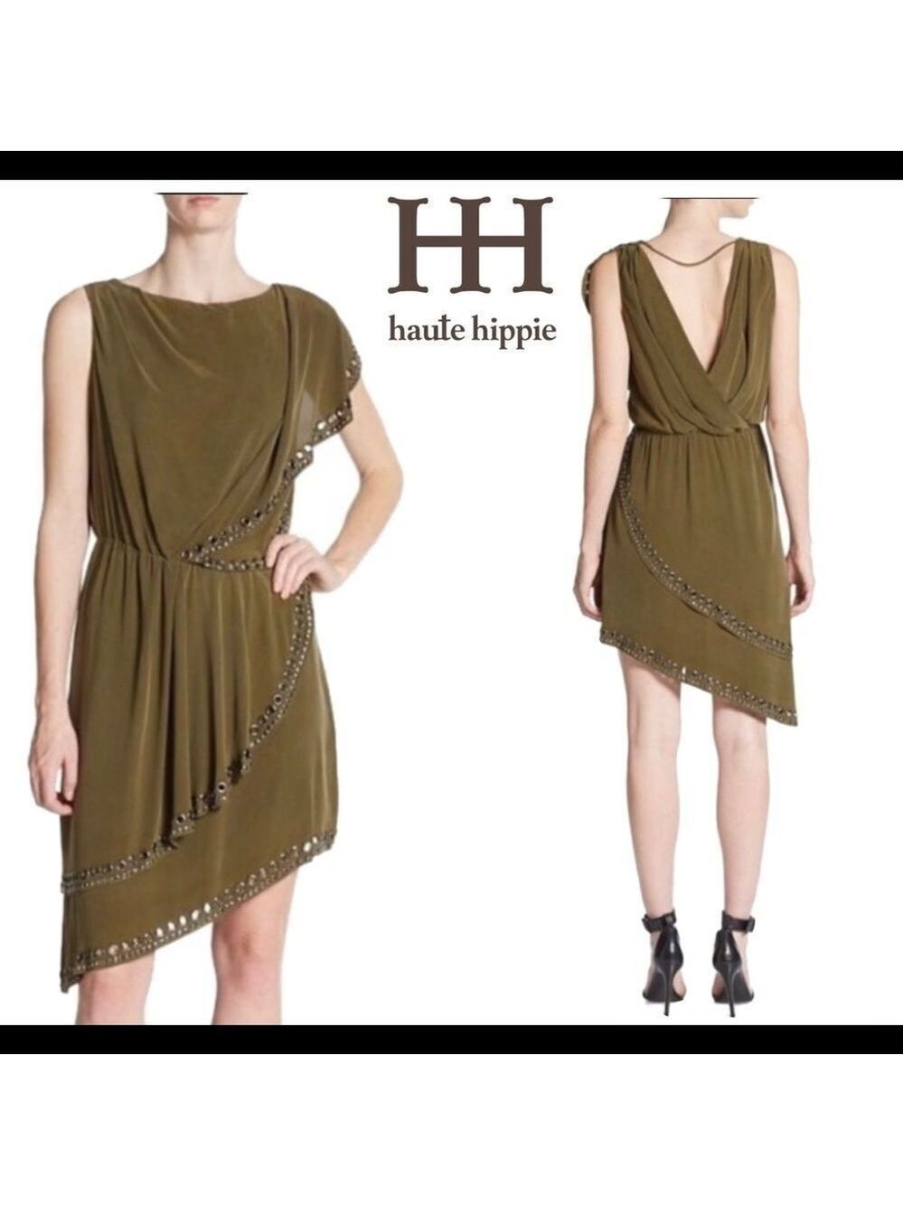 HAUTE Hippie army olive green grommet silk asymmetrical sleeveless mini dress XS